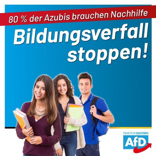 Nach dem Pisa-Schock sieht die Leipziger IHK ihre schlechten Erfahrungen mit Schulabgängern bestätigt. Laut LVZ stellten 59 Prozent der Leipziger Unternehmen letztes Jahr keine Lehrlinge ein, weil die Bildung der Bewerber zu schlecht war. 80 Prozent der Unternehmen, die dennoch Schulabgänger ausbilden, müssen Nachhilfe-Unterricht anbieten, um die Defizite selbst auszugleichen. Dazu: „Wir kritisieren den Niedergang der sächsischen Bildung unter CDU-Regie schon lange. So hat CDU-Kultusminister Christian Piwarz bewusst Stunden in Mathematik und Deutsch gestrichen, um mehr Politikunterricht an den Schulen installieren zu können. Diese falschen Prioritäten wollen wir ändern. Deshalb wird die AfD-Fraktion im März-Plenum den Antrag stellen: ‚Bildungsverfall stoppen – Ausbildungsreife für unsere Fachkräfte von morgen sicherstellen‘. Wir fordern, die Kernfächer Deutsch und Mathematik deutlich aufzuwerten. Zusätzlich sollen naturwissenschaftliche Fächer gestärkt werden. Auch Wirtschaft muss eine größere Rolle spielen. Für die spätere Ausbildung sollten frühzeitige Praxismodule den Schülern eine bessere Berufsorientierung ermöglichen.“